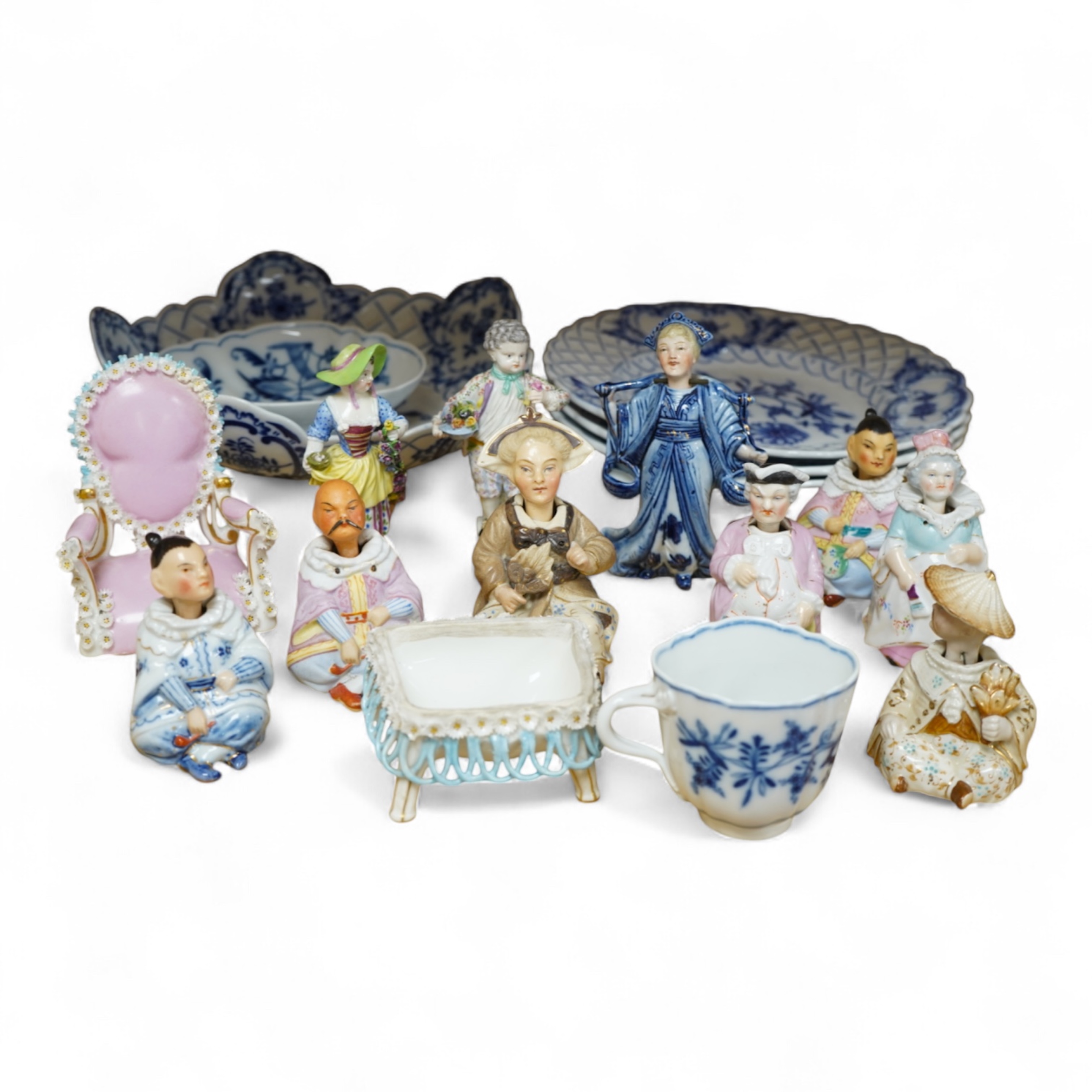 A collection of Meissen style blue and white china and various of nodding figures etc. largest item dish 21cm diameter